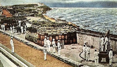 Bater&iacute;a espa&ntilde;ola repeliendo el ataque de Sampson en San Juan de Puerto Rico