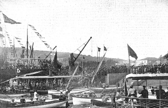 Llegada del General Polavieja a Barcelona con soldados heridos.